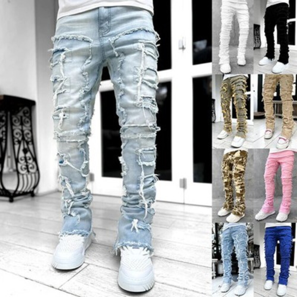 Ins Fringes Ripped Trousers Individual Patched Pants Long Tight Fit
